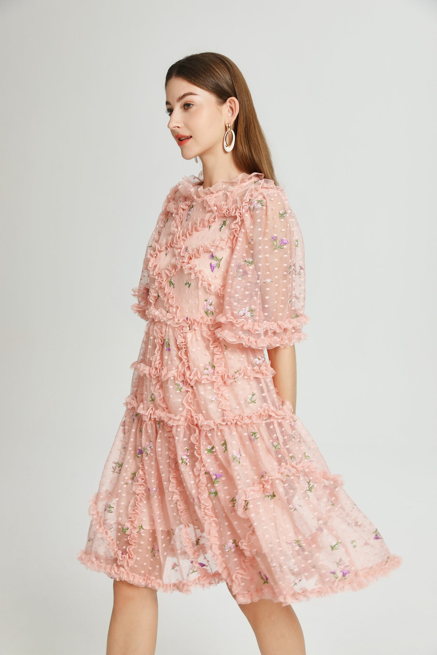 Pink Floral Embroidered Mesh Mini Dress