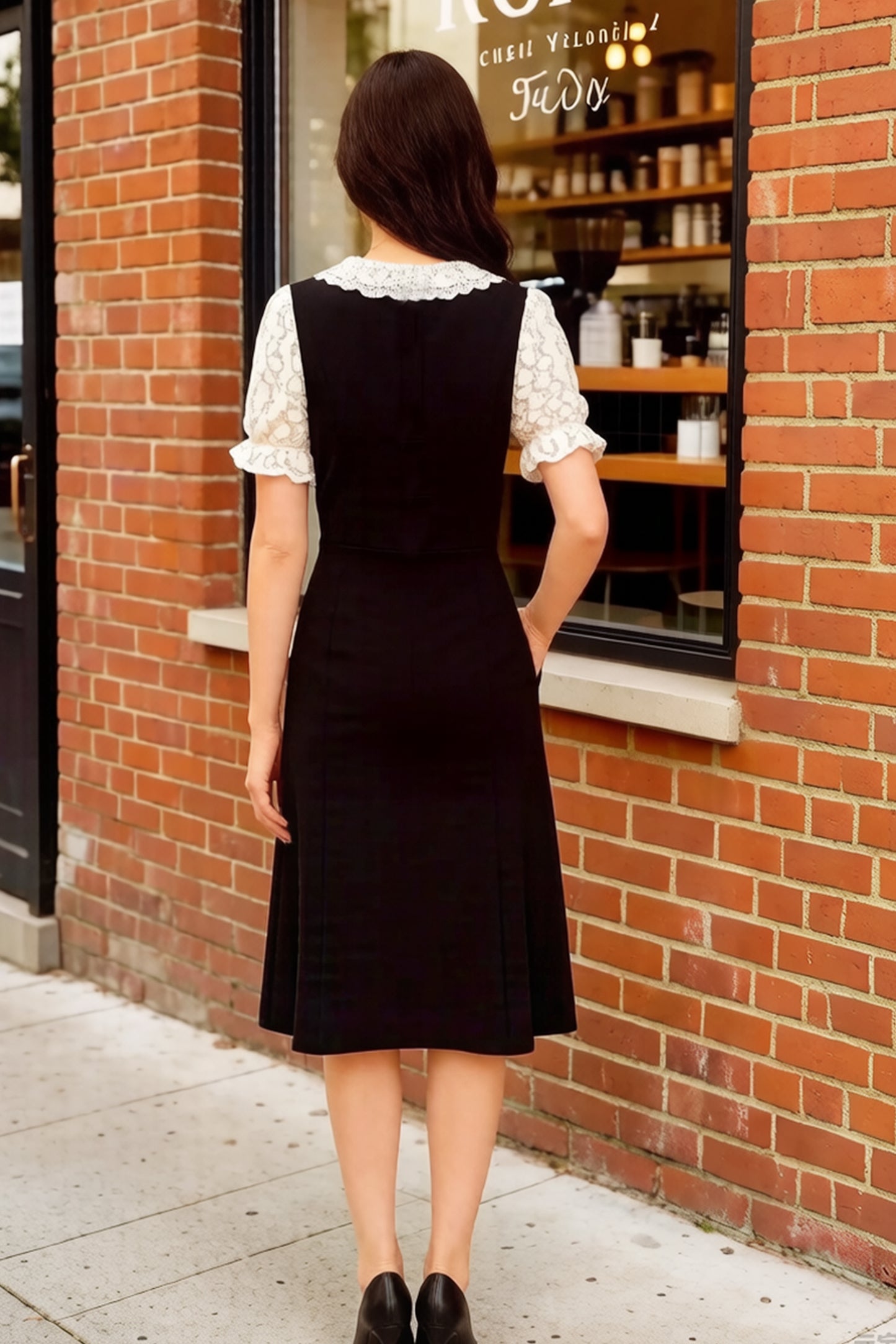 Women's Peter Pan Collar Short Sleeve Pocket Midi Dress - LAI MENG FIVE CATS