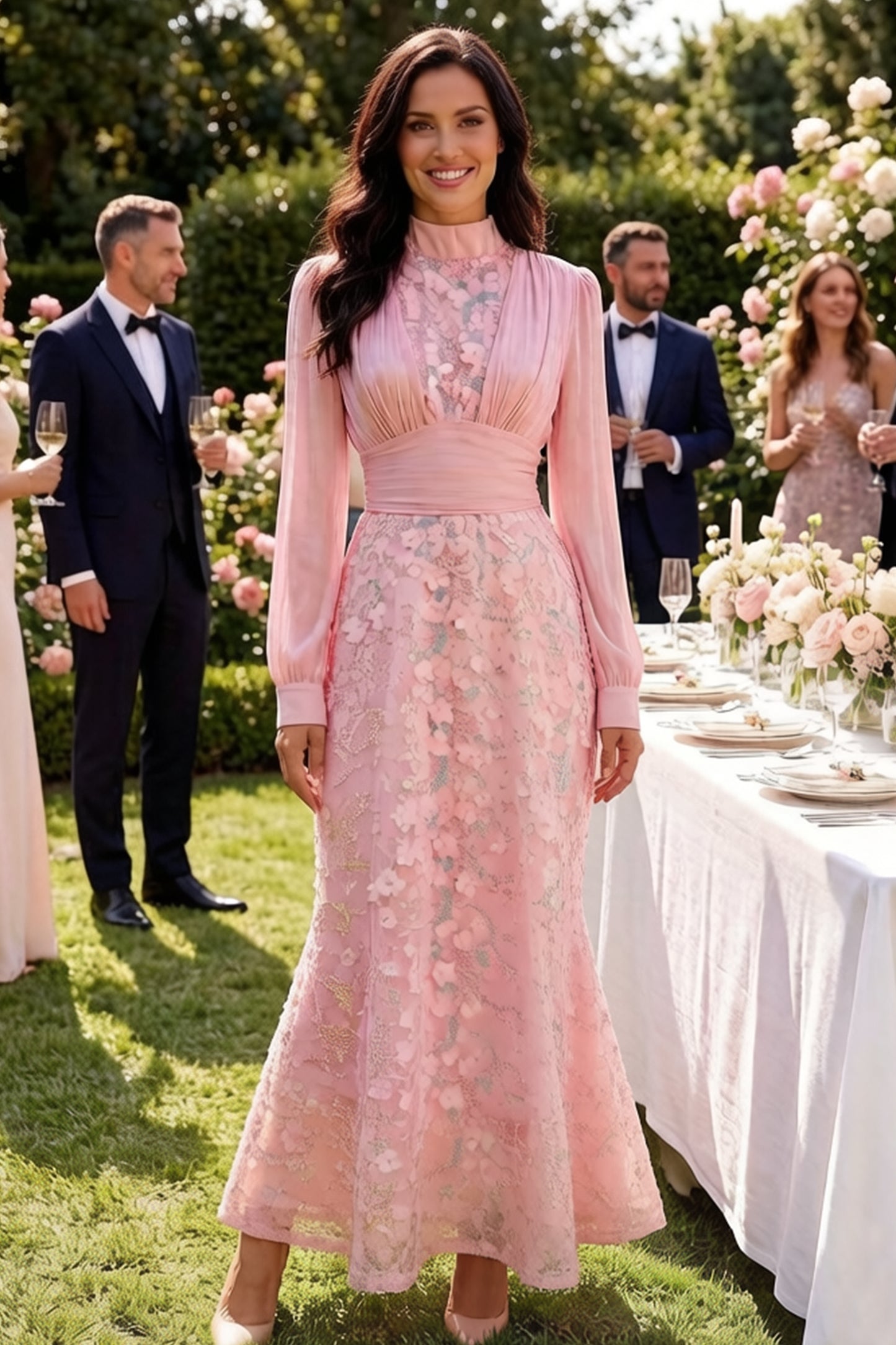 Elegant Sequin Embroidered 3D Floral Maxi Evening Dress