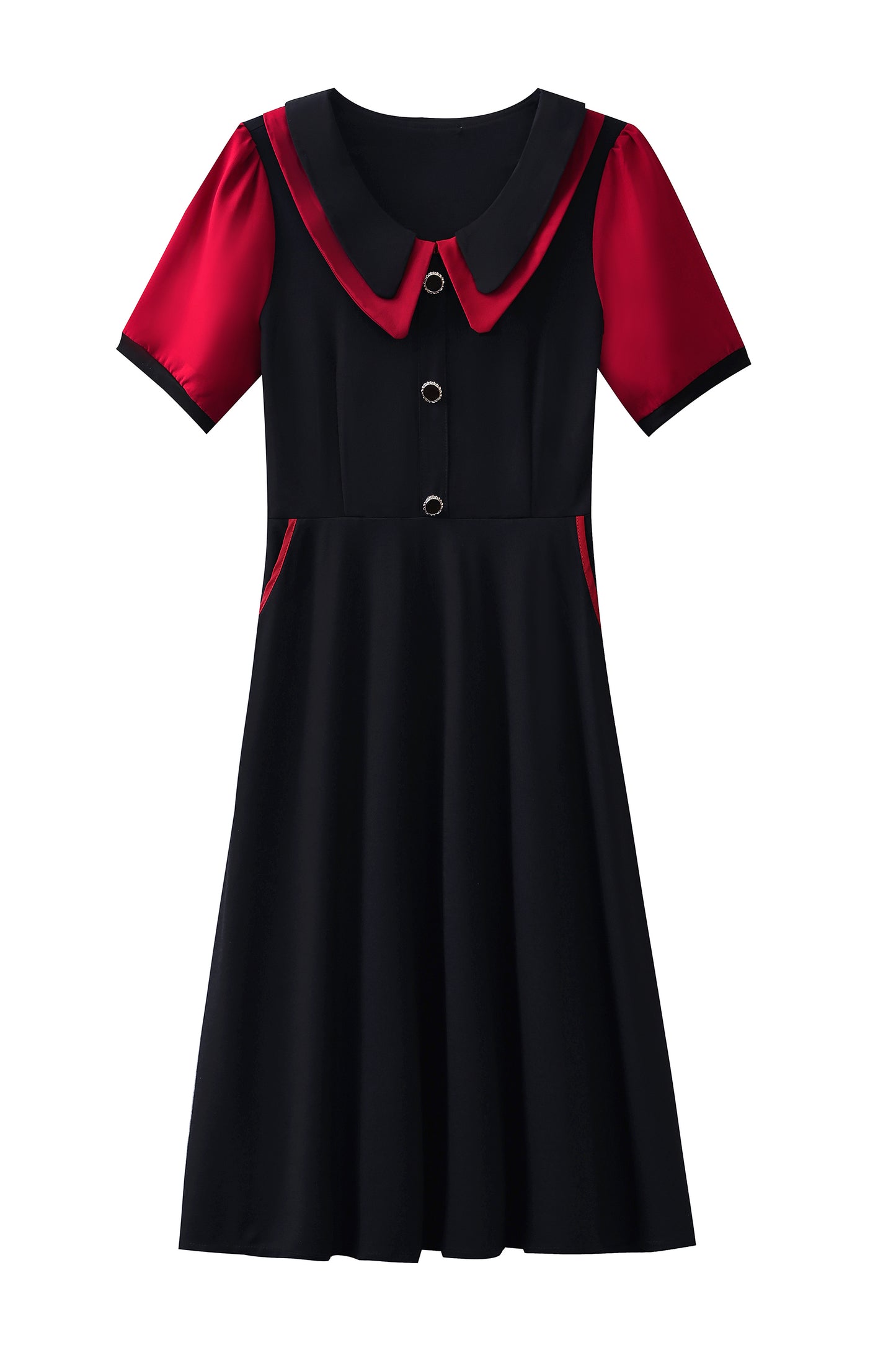 Women's Peter Pan Collar Short Sleeve Pocket Midi Dress - LAI MENG FIVE CATS