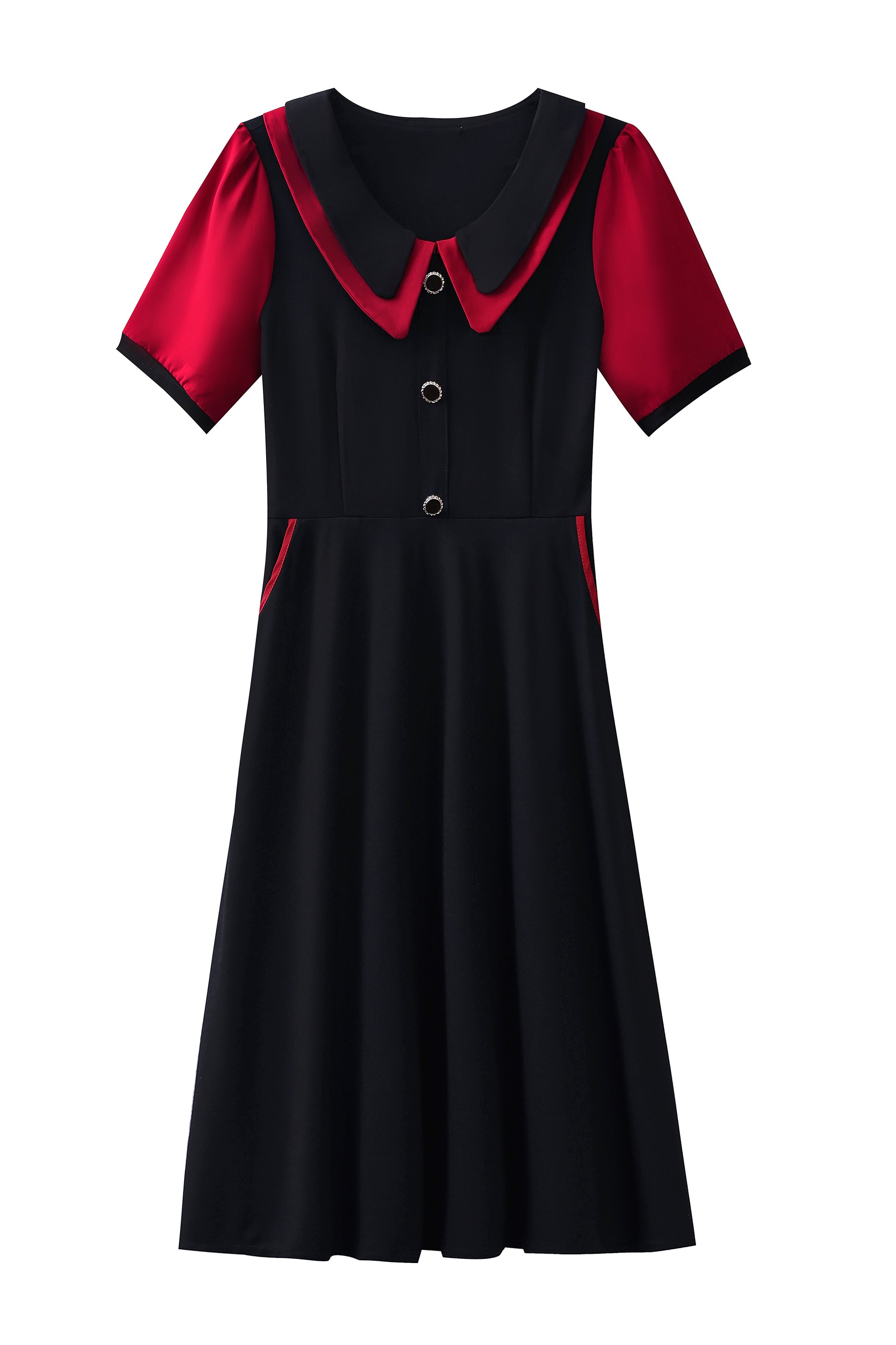 Women's Peter Pan Collar Short Sleeve Pocket Midi Dress - LAI MENG FIVE CATS