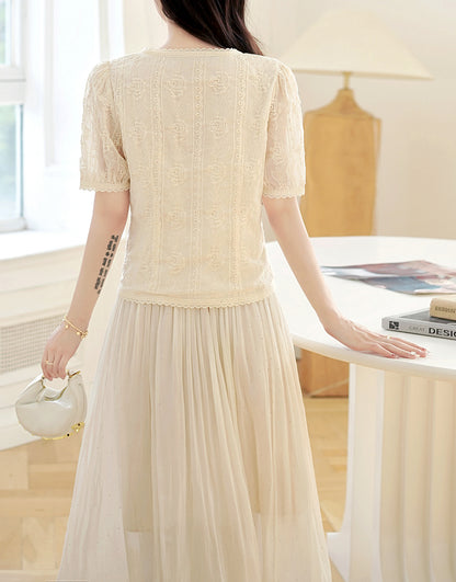 Embroidered Eyelet Blouse | Breathable Cotton with Lace Trim