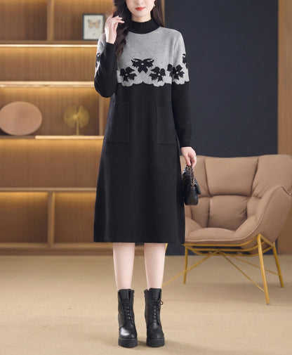 Women's Long Sleeve Knit Sweater Dress With Pocket