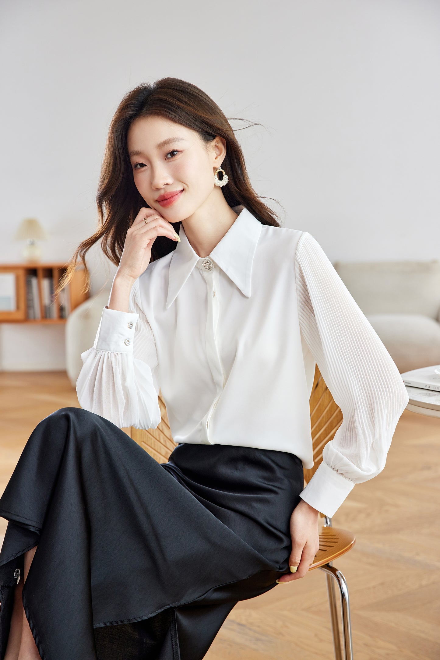 Women's V Neck Lantern Sleeve Blouse Button Tops