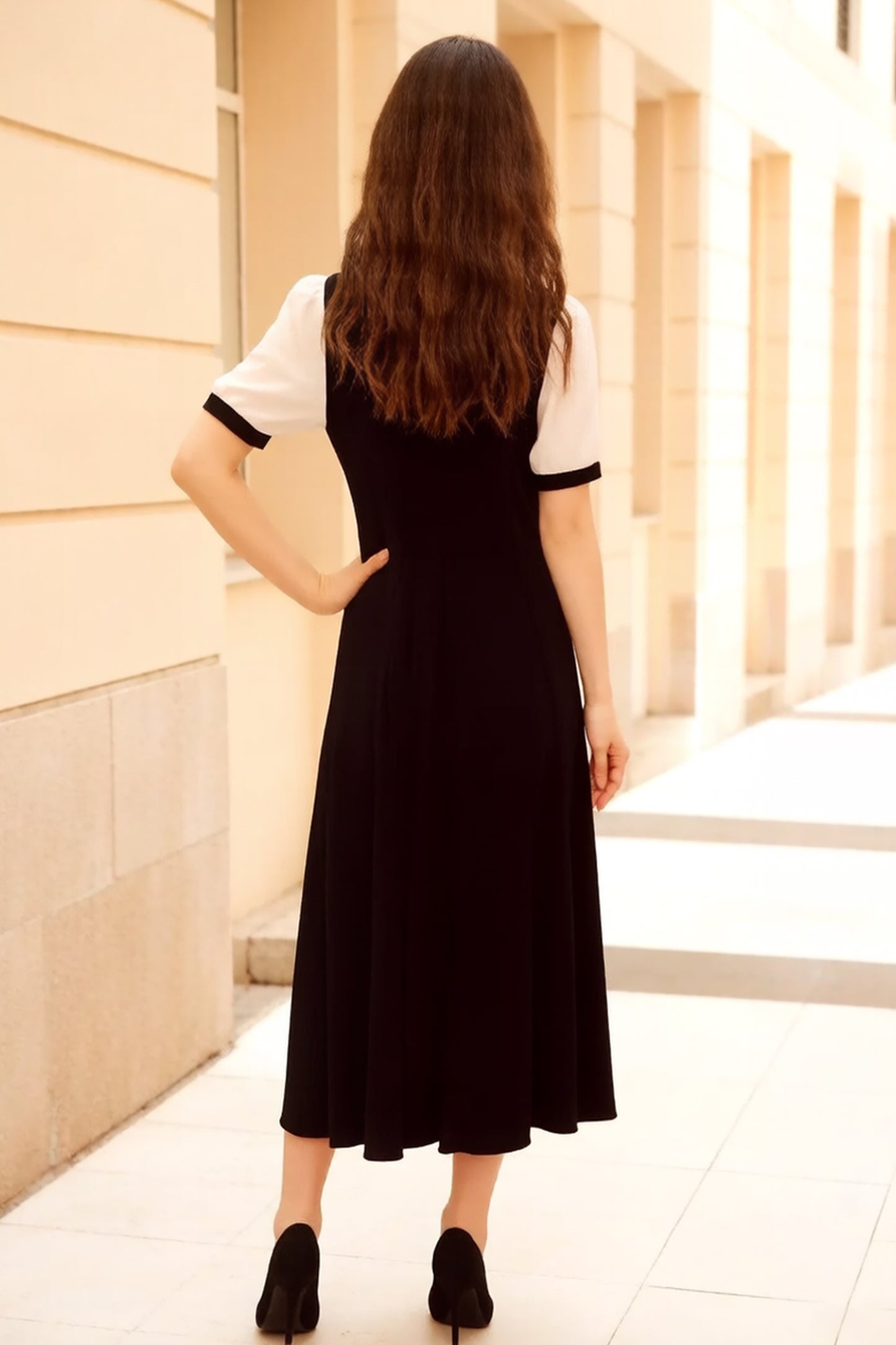 Women's Peter Pan Collar Short Sleeve A-line Midi Dress - LAI MENG FIVE CATS