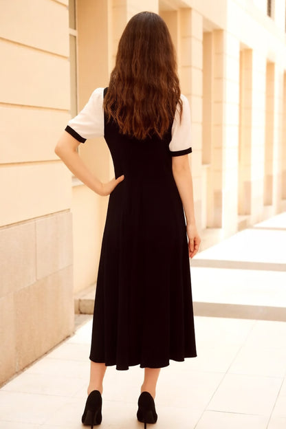 Women's Peter Pan Collar Short Sleeve A-line Midi Dress - LAI MENG FIVE CATS