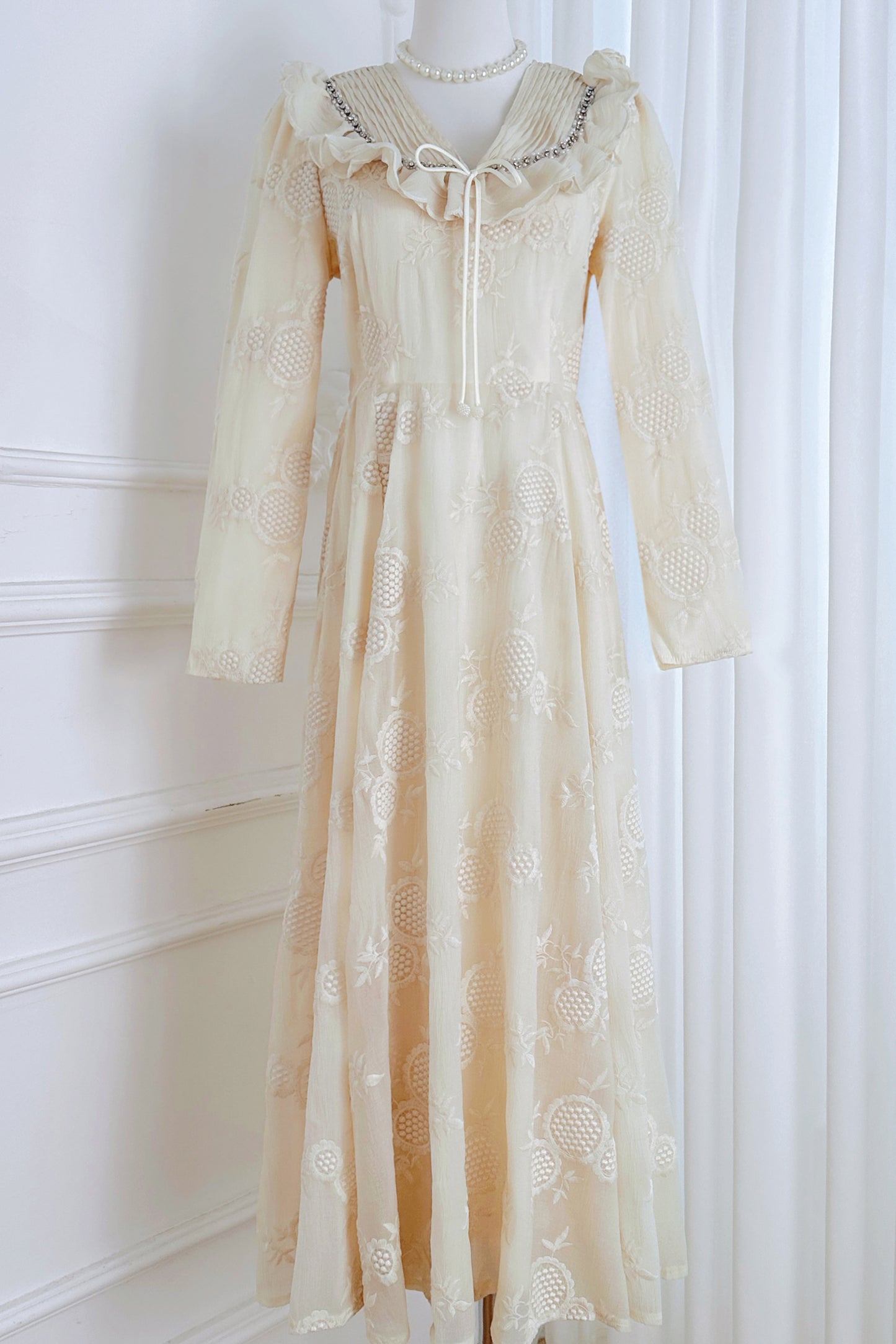 French-Inspired Embroidered Ruffled A-line Maxi Dress