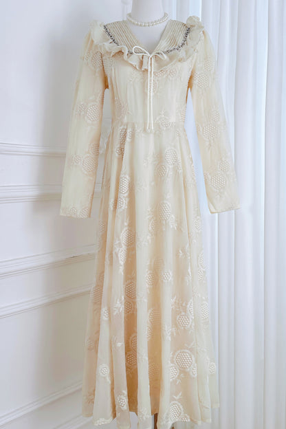 French-Inspired Embroidered Ruffled A-line Maxi Dress