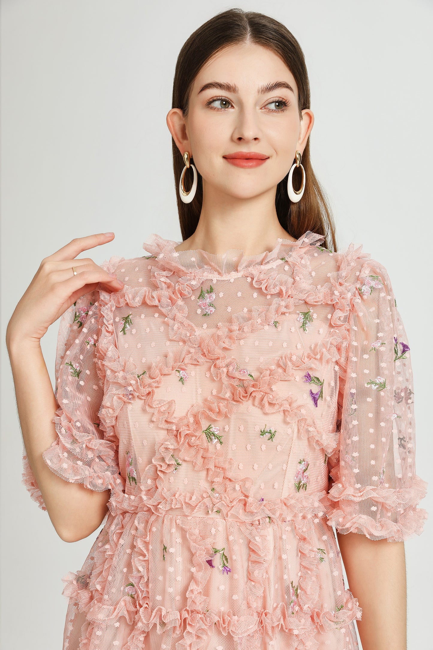 Pink Floral Embroidered Mesh Mini Dress