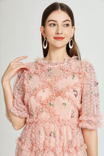 Pink Floral Embroidered Mesh Mini Dress