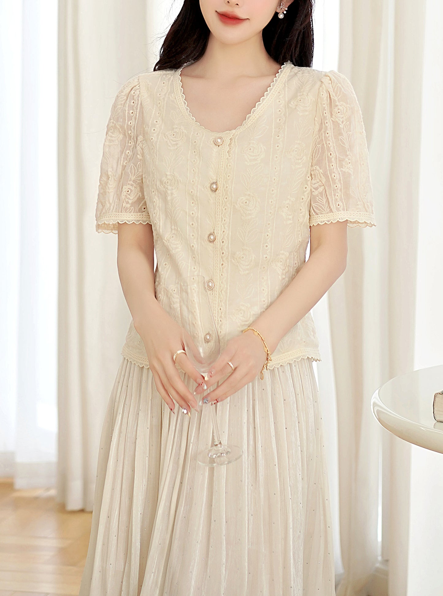 Embroidered Eyelet Blouse | Breathable Cotton with Lace Trim