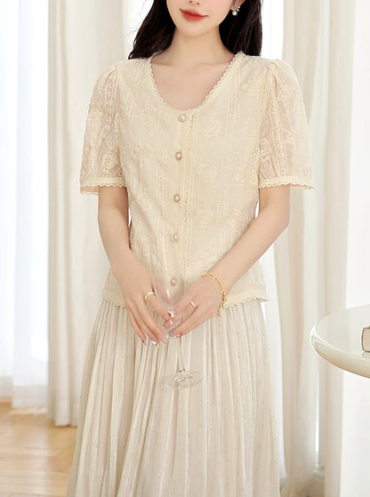 Embroidered Eyelet Blouse | Breathable Cotton with Lace Trim