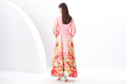 Women's Floral Print Puff Sleeve Split Maxi Dress