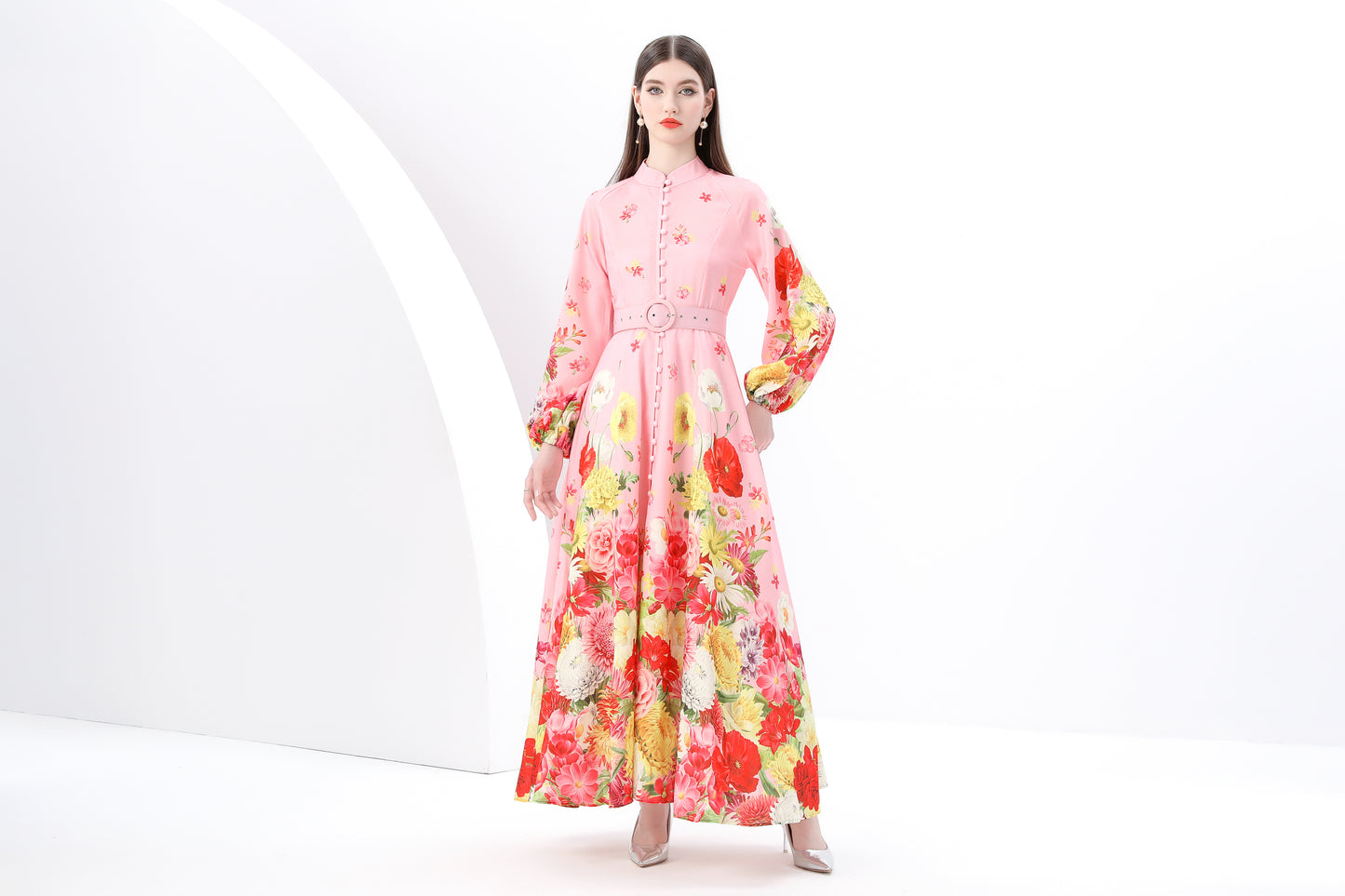 Women's Floral Print Puff Sleeve Split Maxi Dress