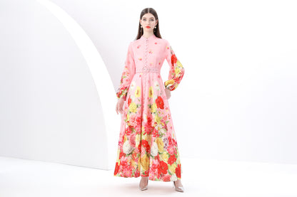 Women's Floral Print Puff Sleeve Split Maxi Dress