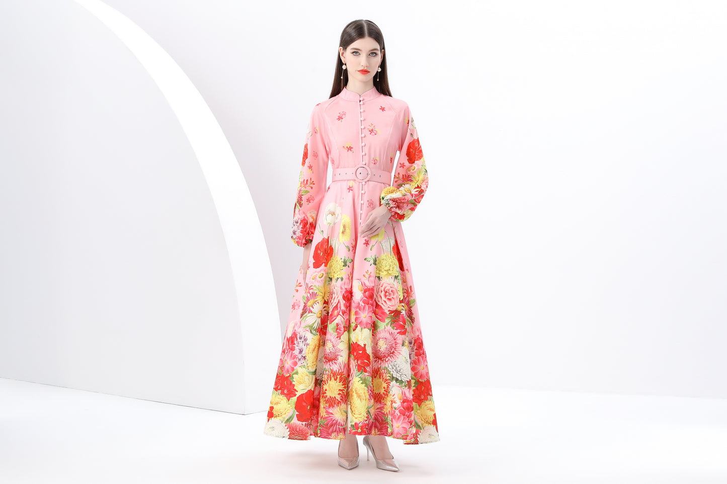 Women's Floral Print Puff Sleeve Split Maxi Dress