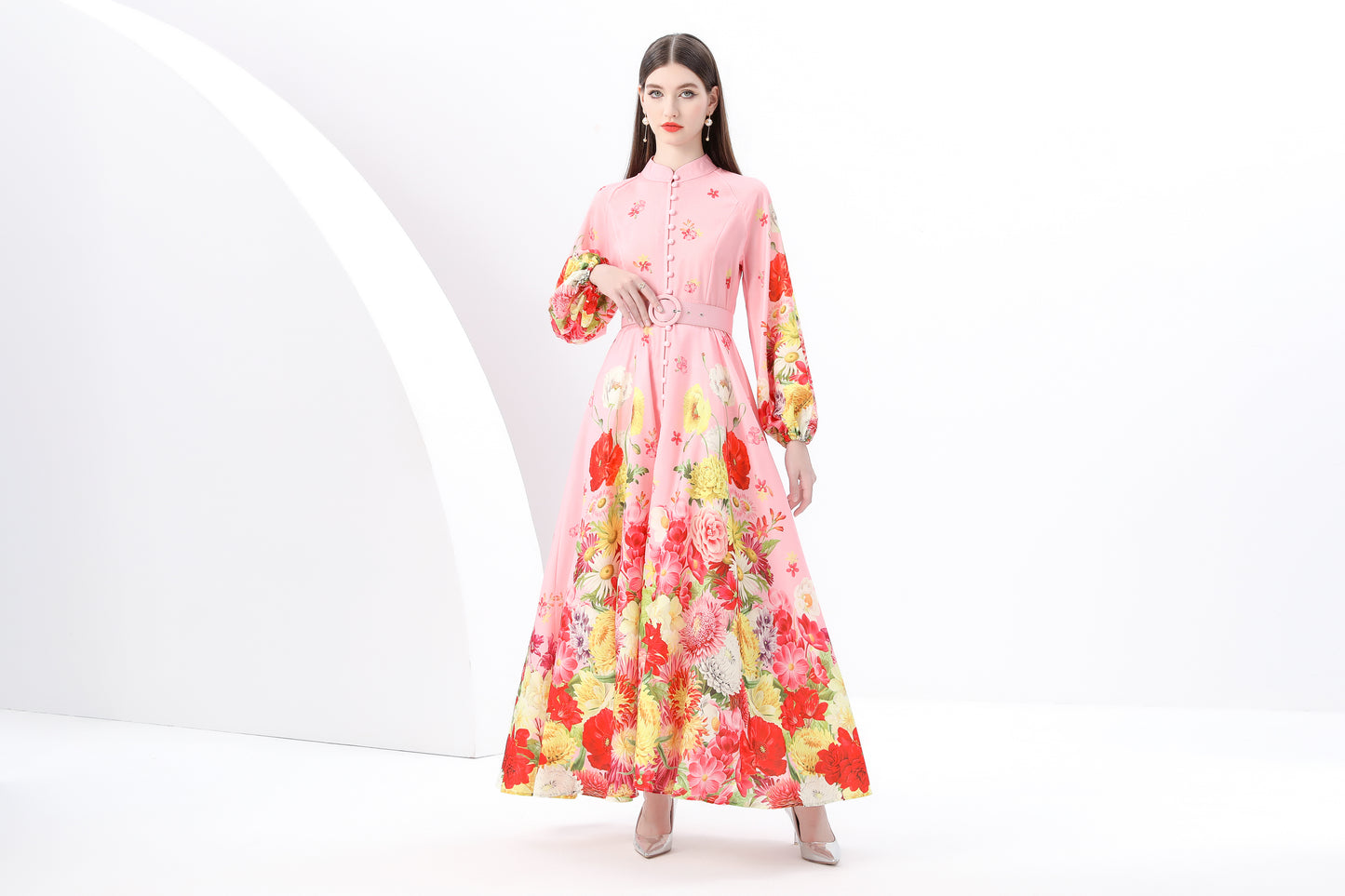 Women's Floral Print Puff Sleeve Split Maxi Dress