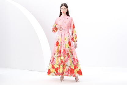 Women's Floral Print Puff Sleeve Split Maxi Dress