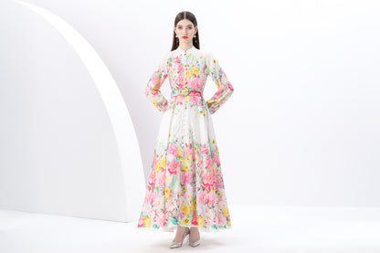 Women's Floral Print Puff Sleeve Button Up Split Maxi Dress