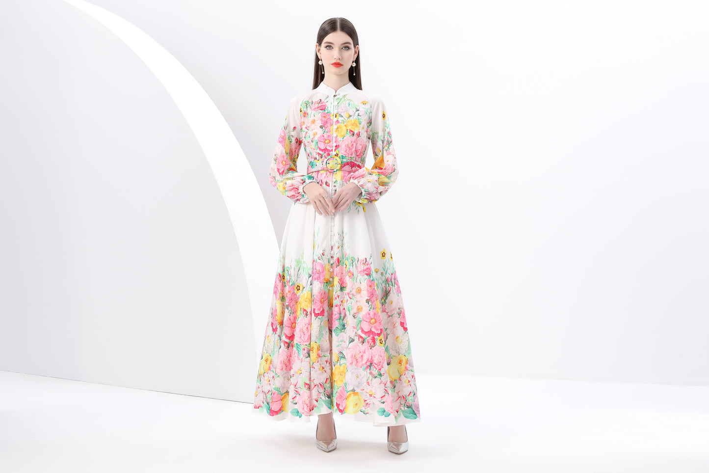 Women's Floral Print Puff Sleeve Button Up Split Maxi Dress