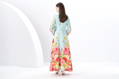 Women's Floral Print Puff Sleeve Split Maxi Dress