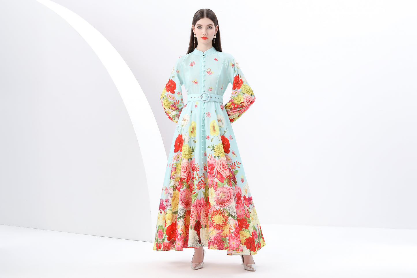 Women's Floral Print Puff Sleeve Split Maxi Dress