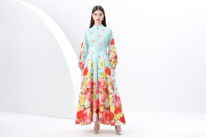 Women's Floral Print Puff Sleeve Split Maxi Dress