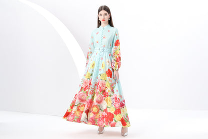 Women's Floral Print Puff Sleeve Split Maxi Dress