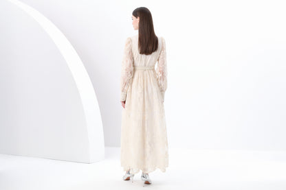 Women's V-Neck Lace Lantern Sleeve Mesh Maxi Dress