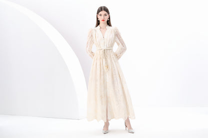 Women's V-Neck Lace Lantern Sleeve Mesh Maxi Dress