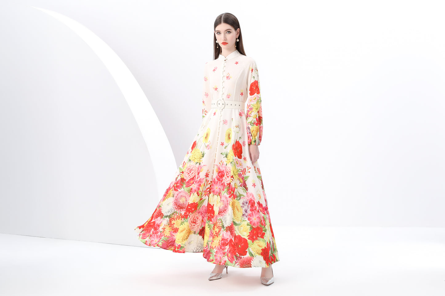 Women's Floral Print Puff Sleeve Split Maxi Dress