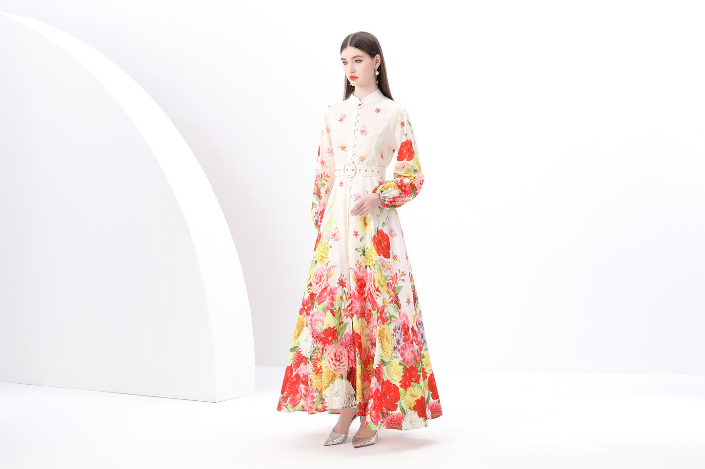 Women's Floral Print Puff Sleeve Split Maxi Dress