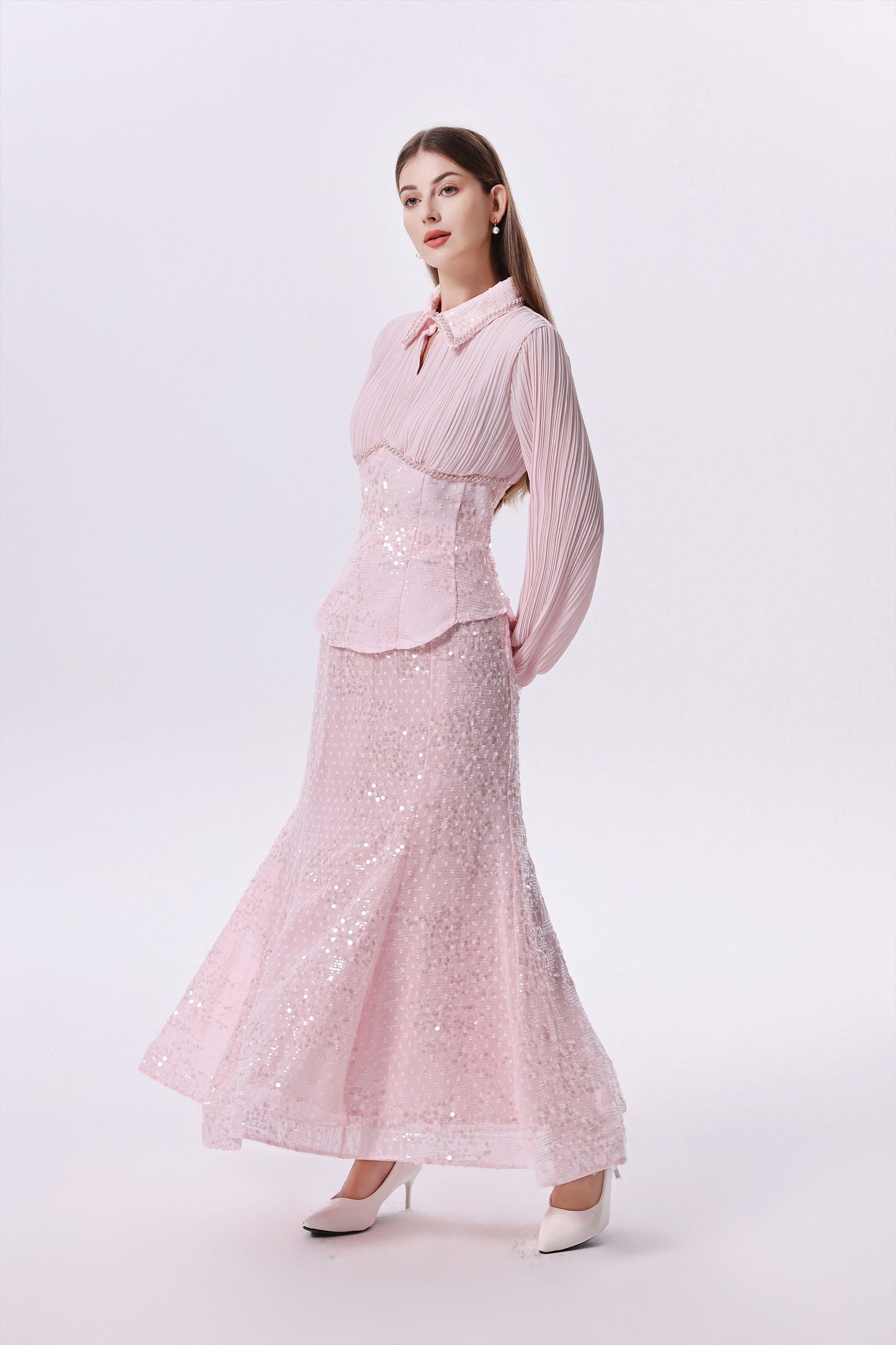 Elegant Long Sleeve Beaded Sequin Mermaid Maxi Dress Set