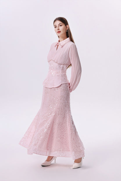 Elegant Long Sleeve Beaded Sequin Mermaid Maxi Dress Set