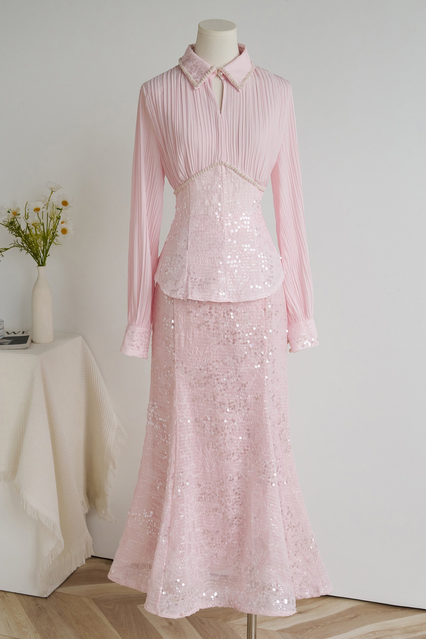 Elegant Long Sleeve Beaded Sequin Mermaid Maxi Dress Set