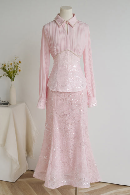 Elegant Long Sleeve Beaded Sequin Mermaid Maxi Dress Set