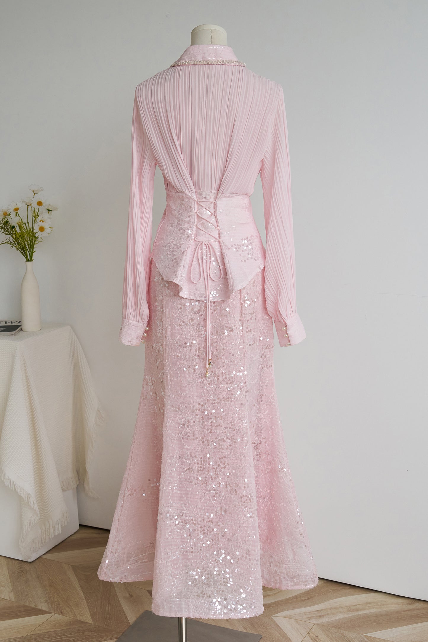 Elegant Long Sleeve Beaded Sequin Mermaid Maxi Dress Set