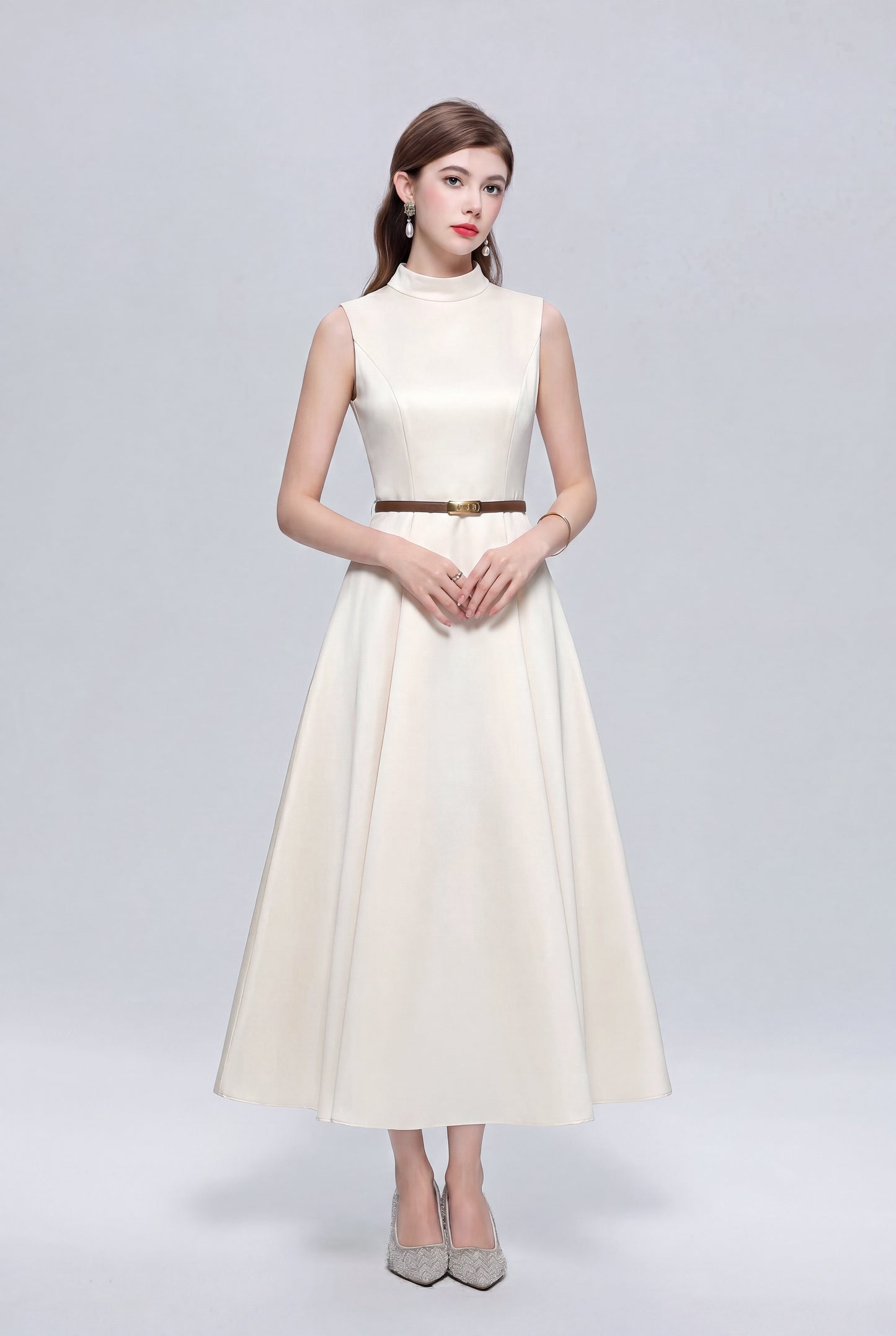 Satin A-Line Midi Dress with Belt | Black & Apricot