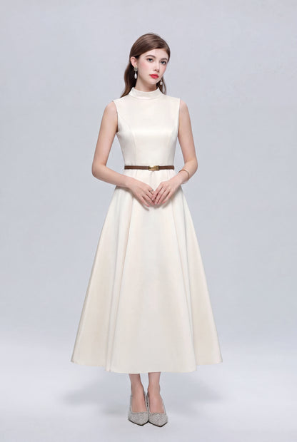 Satin A-Line Midi Dress with Belt | Black & Apricot