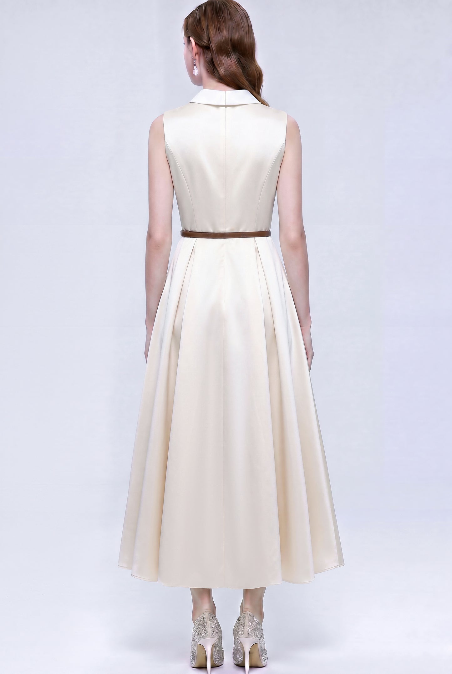 Satin A-Line Midi Dress with Belt | Black & Apricot