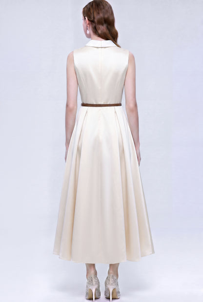 Satin A-Line Midi Dress with Belt | Black & Apricot