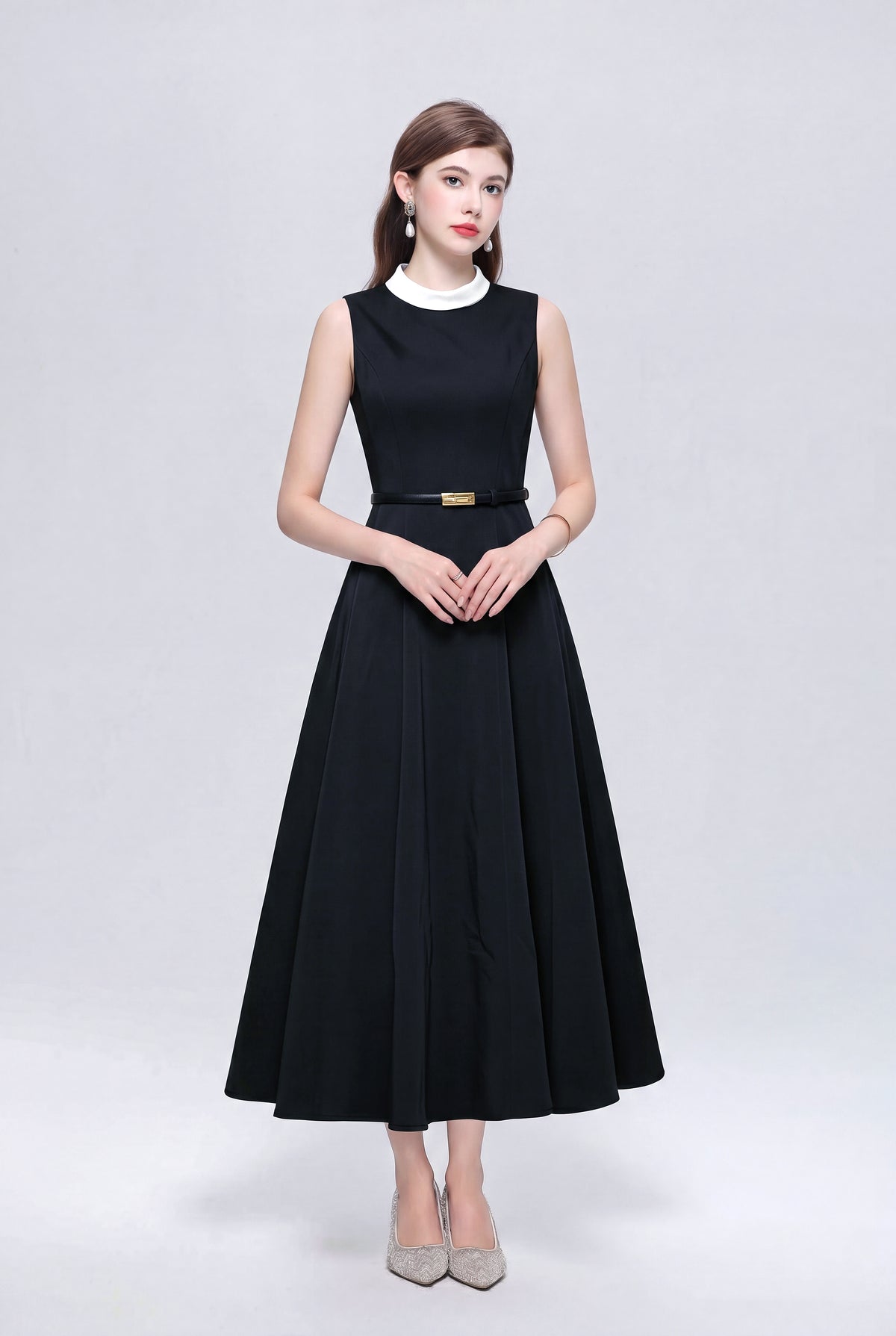 Satin A-Line Midi Dress with Belt | Black & Apricot