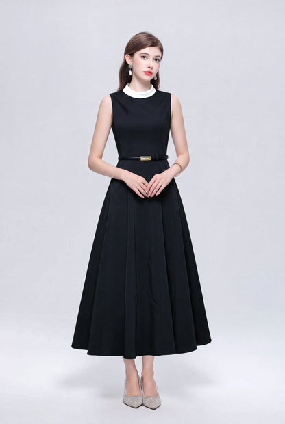 Satin A-Line Midi Dress with Belt | Black & Apricot