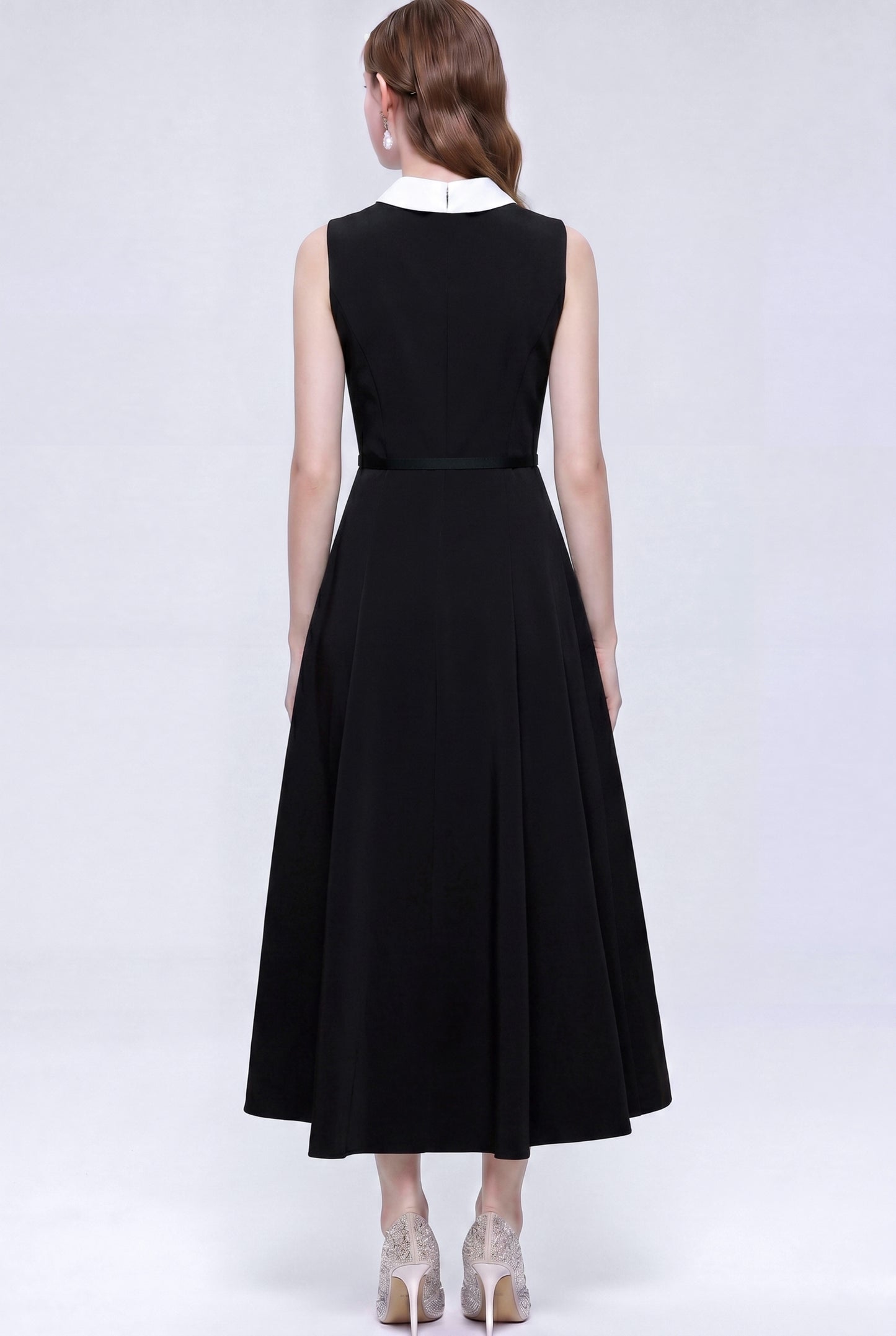 Satin A-Line Midi Dress with Belt | Black & Apricot