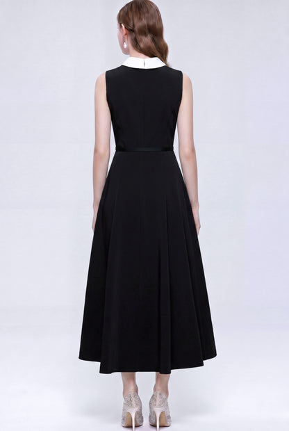 Satin A-Line Midi Dress with Belt | Black & Apricot