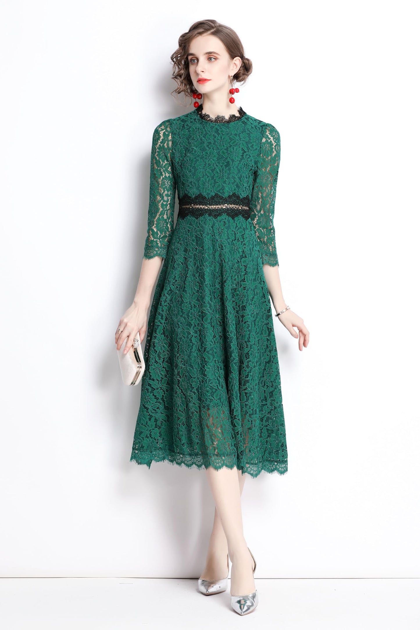 Women's 3/4 Sleeve Floral Lace Cocktail Party Midi Dress