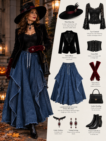 Wide-Leg Frayed Denim Skirt Pants