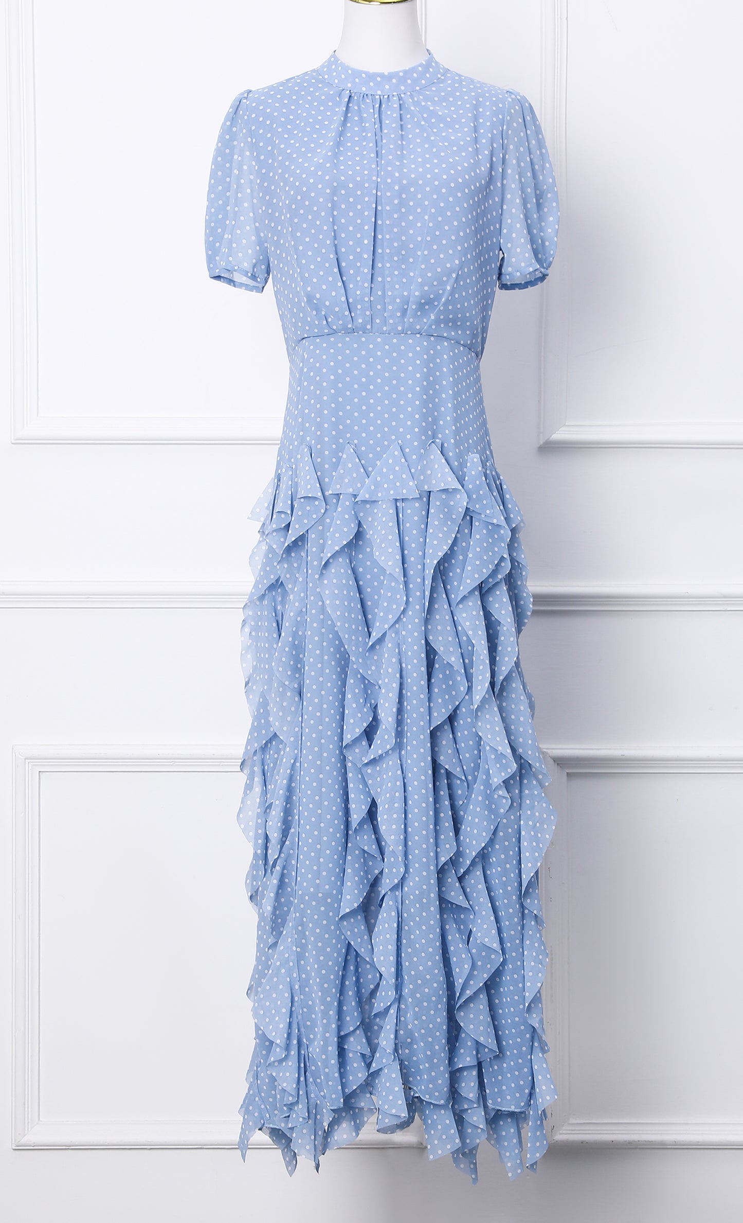 Blue Short Sleeve Polka Dot Ruffle Chiffon Maxi Dress - LAI MENG FIVE CATS