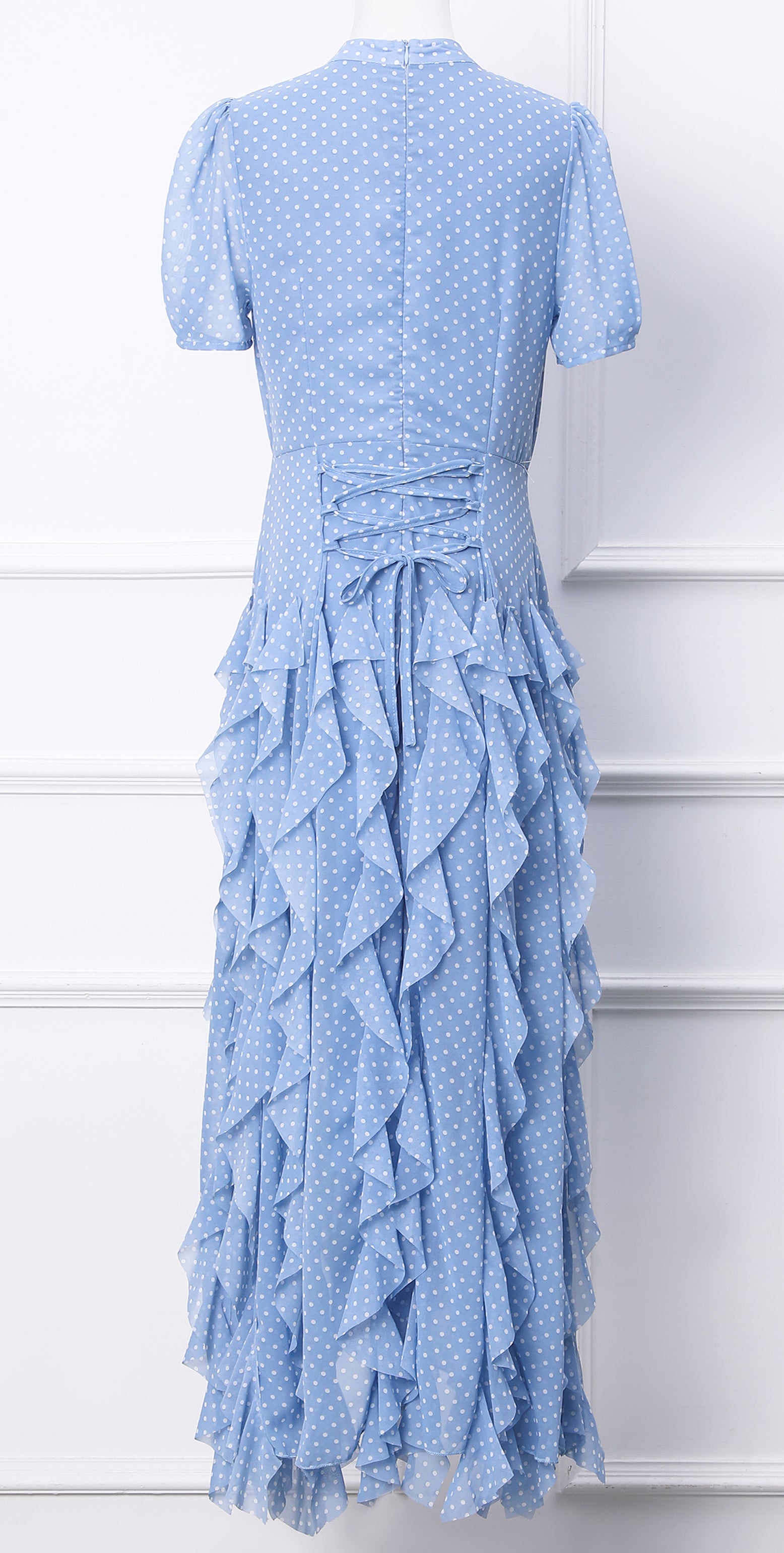Blue Short Sleeve Polka Dot Ruffle Chiffon Maxi Dress - LAI MENG FIVE CATS