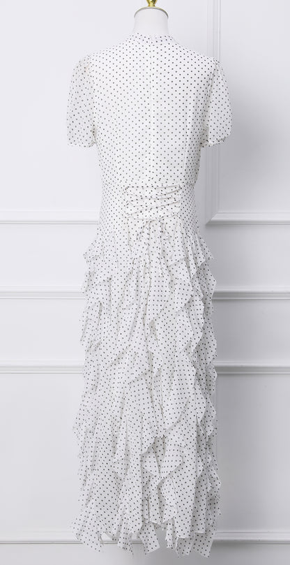 White Polka Dot Ruffle Chiffon Maxi Dress